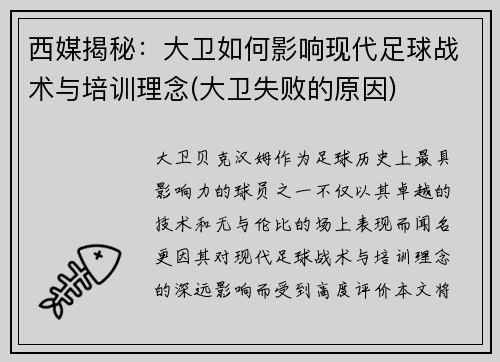 西媒揭秘:大卫如何影响现代足球战术与培训理念(大卫失败的原因)