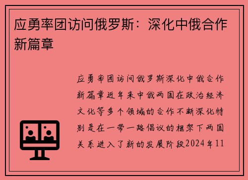 应勇率团访问俄罗斯:深化中俄合作新篇章