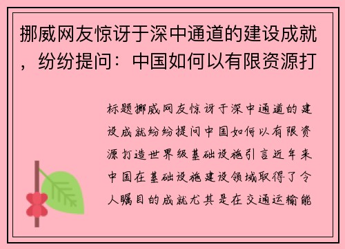 挪威网友惊讶于深中通道的建设成就,纷纷提问:中国如何以有限资源打造世界级基础设施?