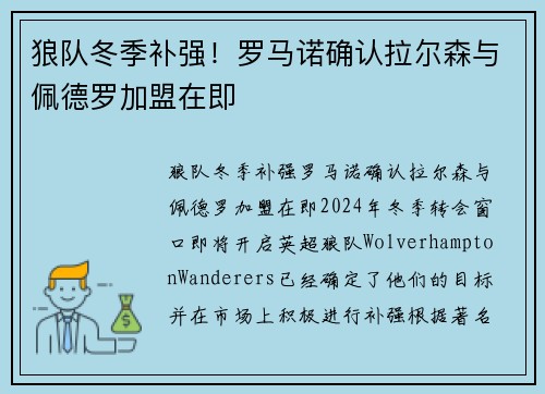 狼队冬季补强!罗马诺确认拉尔森与佩德罗加盟在即