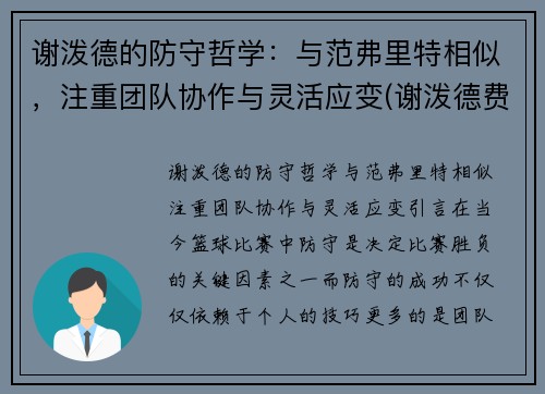 谢泼德的防守哲学:与范弗里特相似,注重团队协作与灵活应变(谢泼德费尔雷)