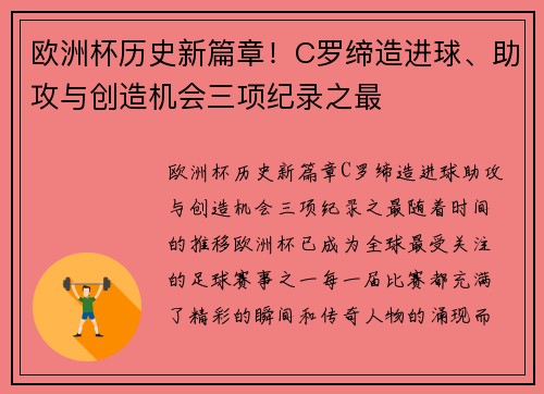 欧洲杯历史新篇章!C罗缔造进球、助攻与创造机会三项纪录之最