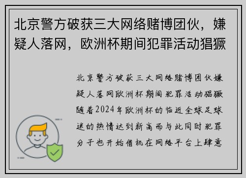 北京警方破获三大网络赌博团伙，嫌疑人落网，欧洲杯期间犯罪活动猖獗