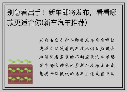 别急着出手！新车即将发布，看看哪款更适合你(新车汽车推荐)