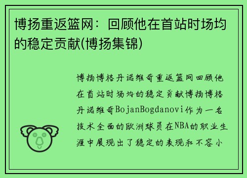 博扬重返篮网：回顾他在首站时场均的稳定贡献(博扬集锦)