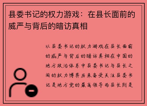 县委书记的权力游戏：在县长面前的威严与背后的暗访真相